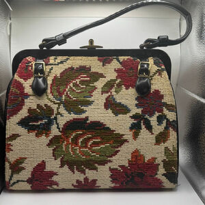 Vintage Kadin Rare Find Needle Point Tapestry Floral Satchel Bag Purse